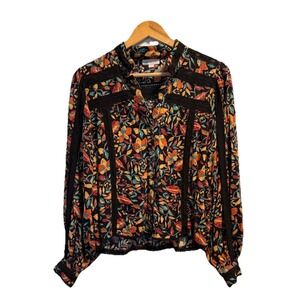Jennifer Grace Black Eyelet Colorful Buttoned Blouse Top Size Medium